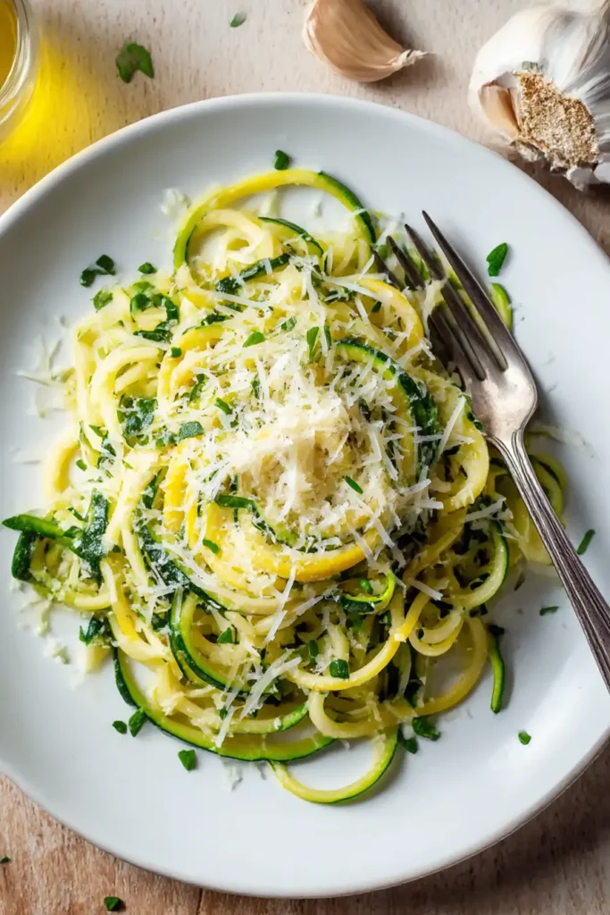 Low Carb Lemon Garlic Zucchini Noodles with parmesan on a white plate