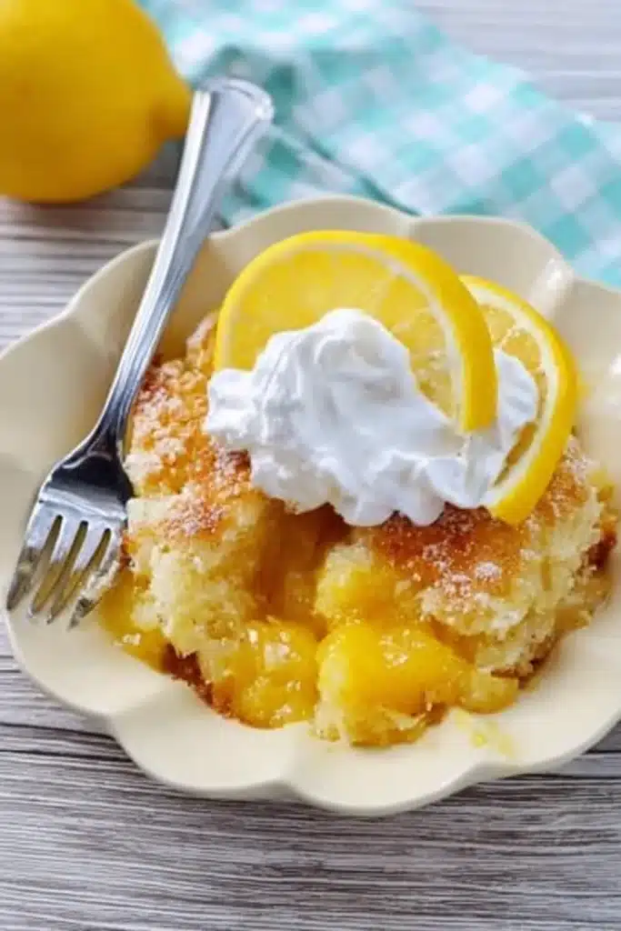 Plated magic lemon cobbler with golden crust, whipped cream, and lemon slices