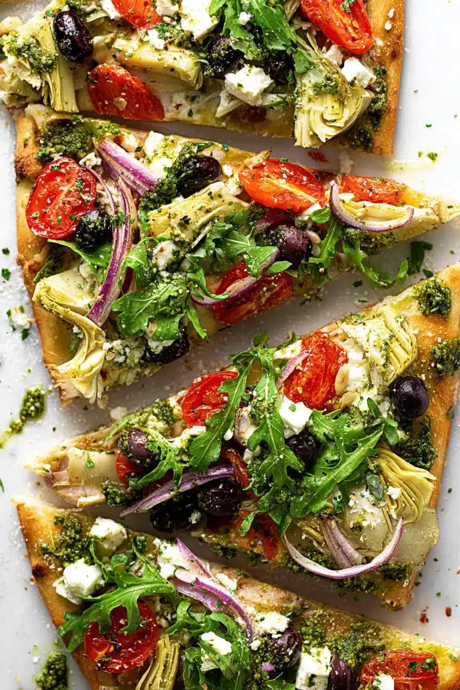 Easy Mediterranean Flatbread Pizza with pesto, feta, olives, tomatoes, and arugula