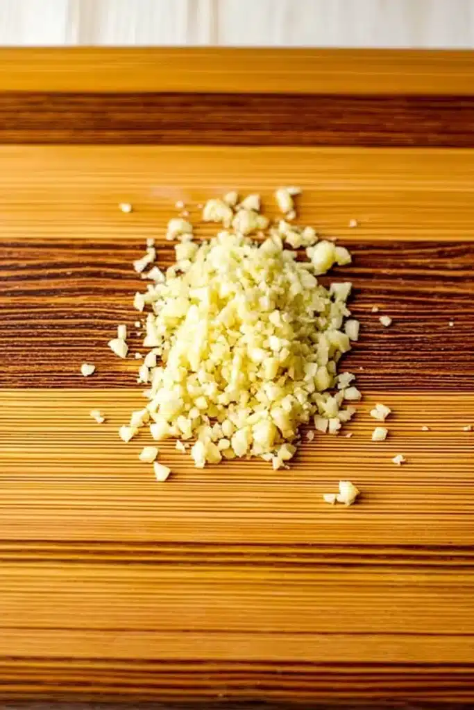 Chopped garlic on a wooden cutting board for chili oil