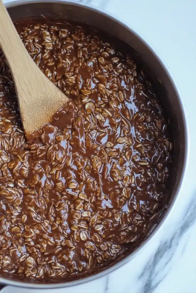 Chocolate No Bake Cookies – Quick, Easy & Delicious 7 Fully mixed chocolate no bake cookie dough with oats in a saucepan and a wooden spoon