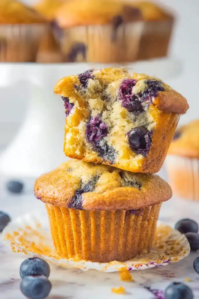 Blueberry Cottage Cheese Muffins – Easy & Delicious Bake 8 Stacked blueberry cottage cheese muffins with bite revealing moist texture and bursting berries