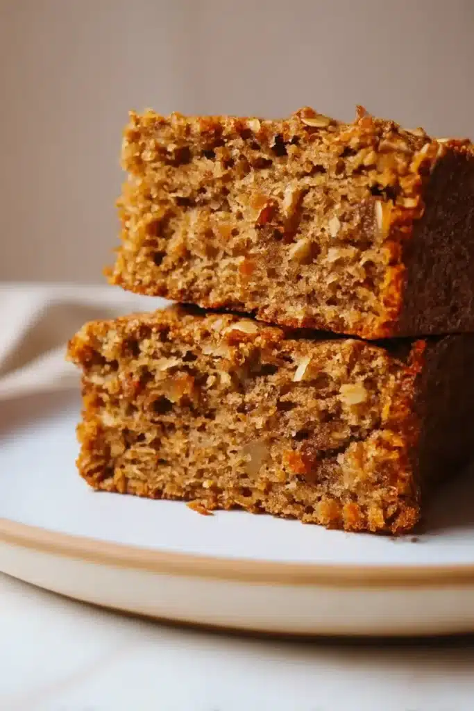 easy breakfast oatmeal apple cake slices stacked on a white plate