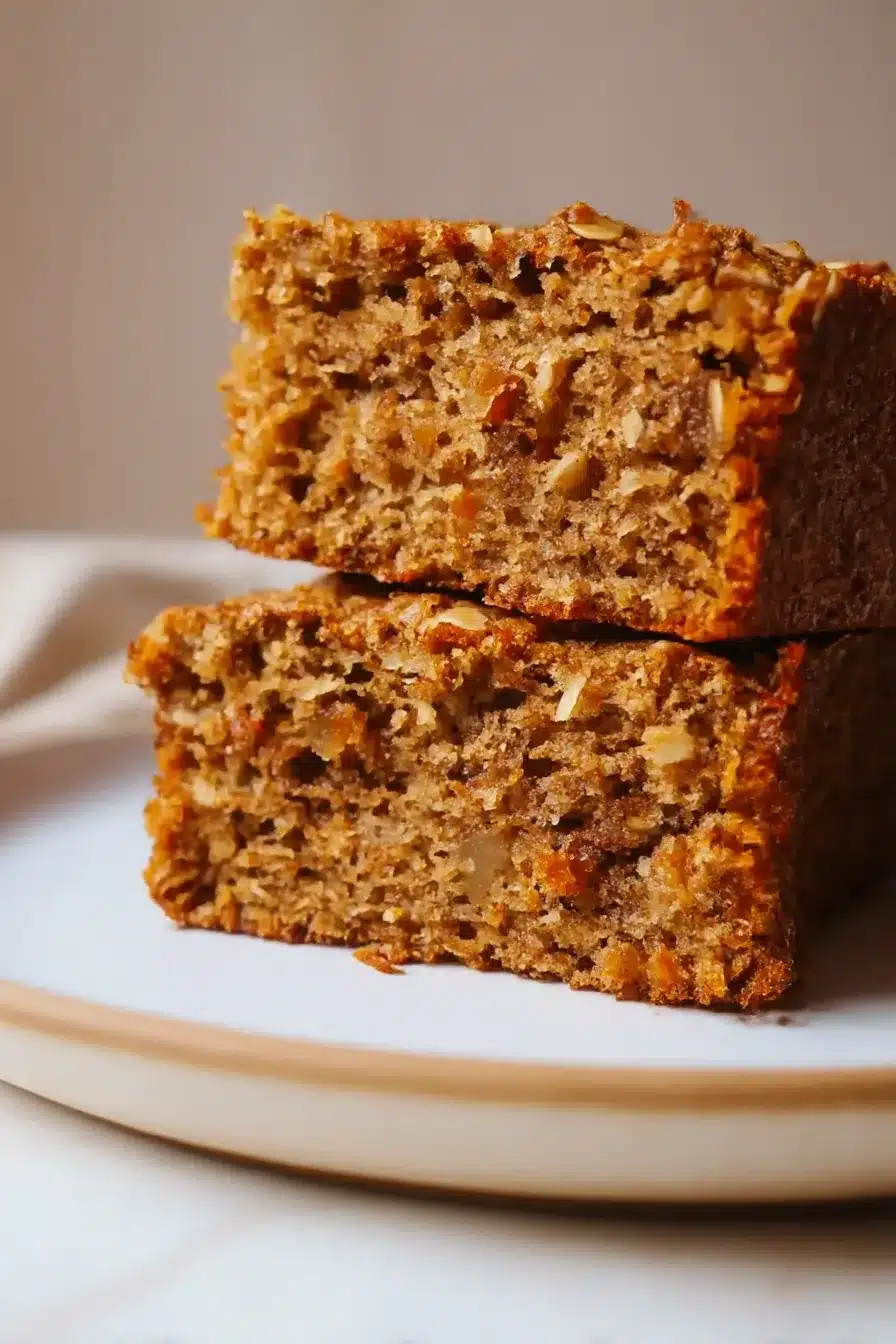 easy breakfast oatmeal apple cake slices stacked on a white plate