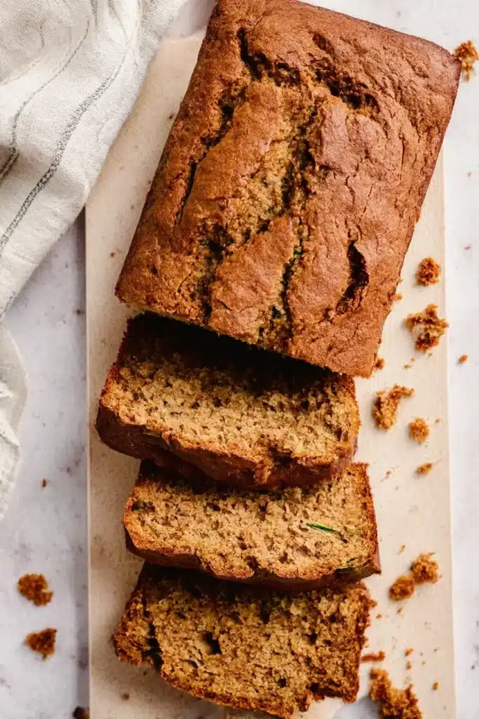 5-Ingredient Spinach Parmesan Zucchini Noodles shown as rustic zucchini bread loaf sliced on a stone surface, highlighting golden crust and moist center
