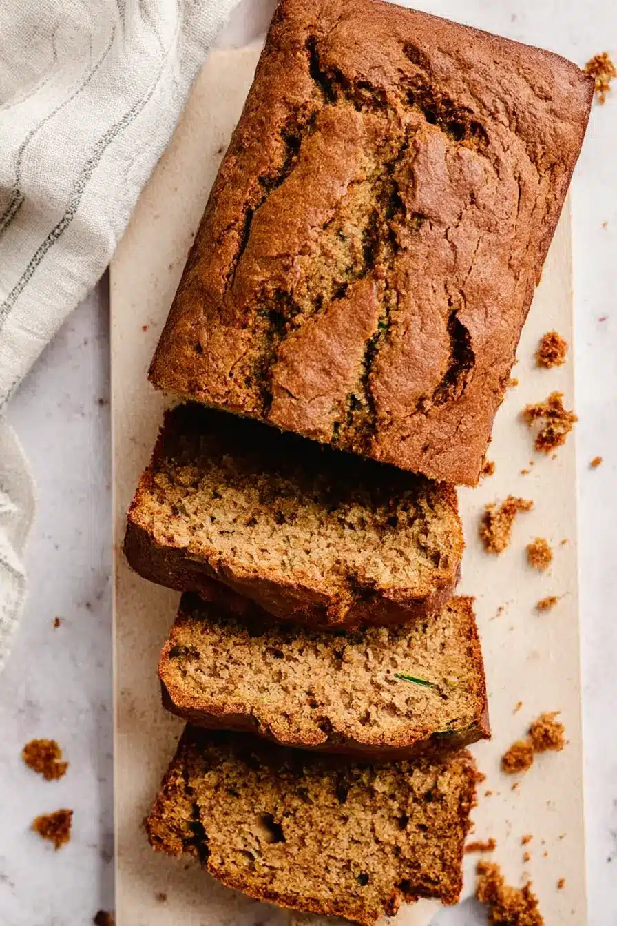5-Ingredient Spinach Parmesan Zucchini Noodles shown as rustic zucchini bread loaf sliced on a stone surface, highlighting golden crust and moist center