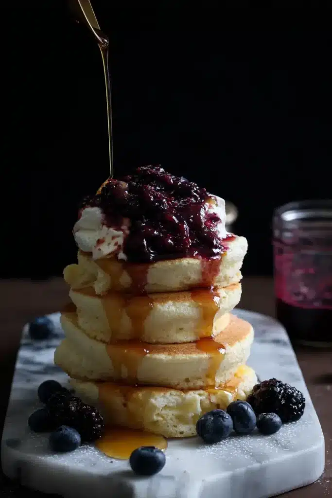Fluffy Japanese Soufflé Pancakes – Soft & Jiggly Delight 9 Soufflé pancakes with whipped cream, berry compote, and maple syrup on white marble