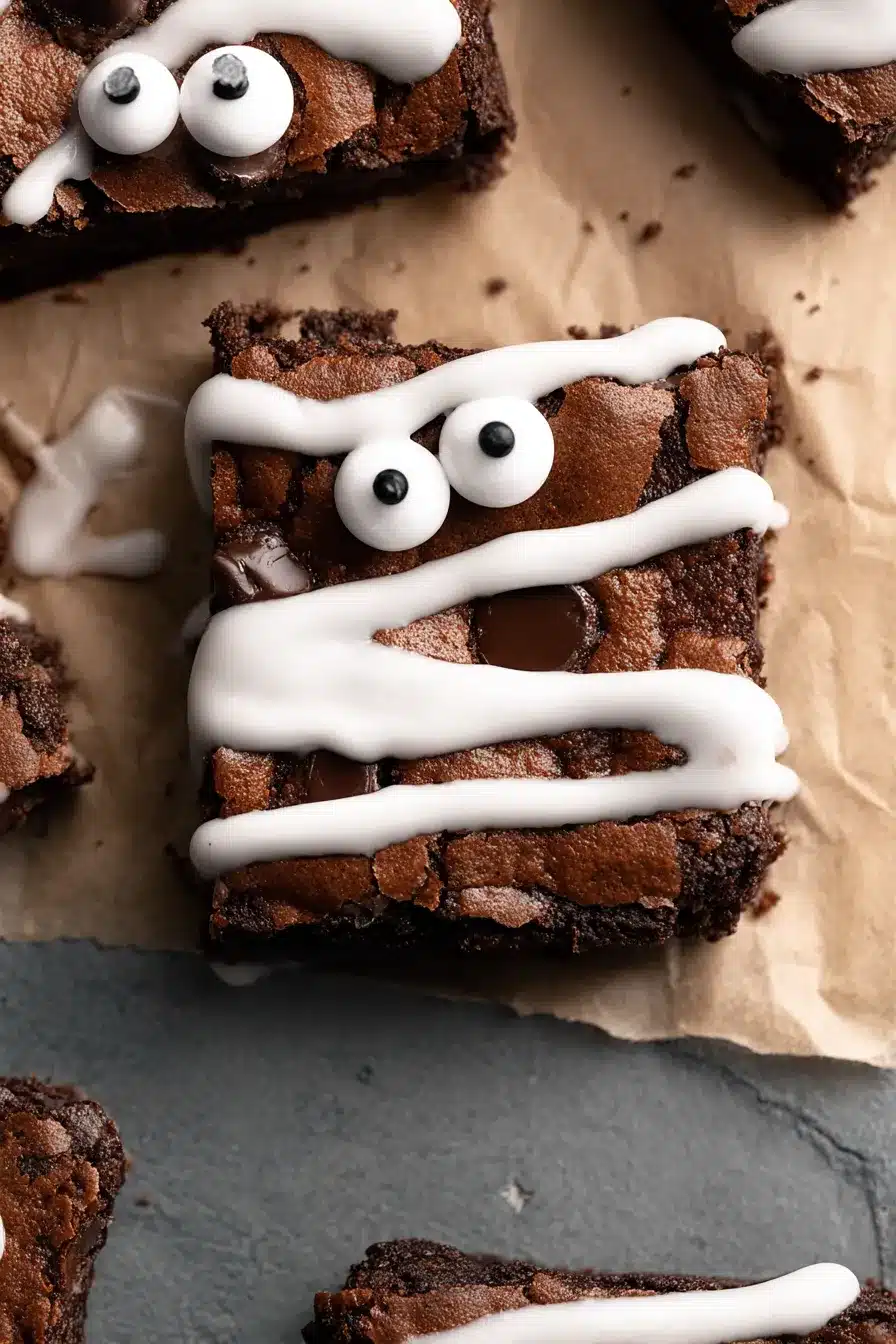 Gluten-free Halloween mummy brownies with white icing and candy eyes on parchment