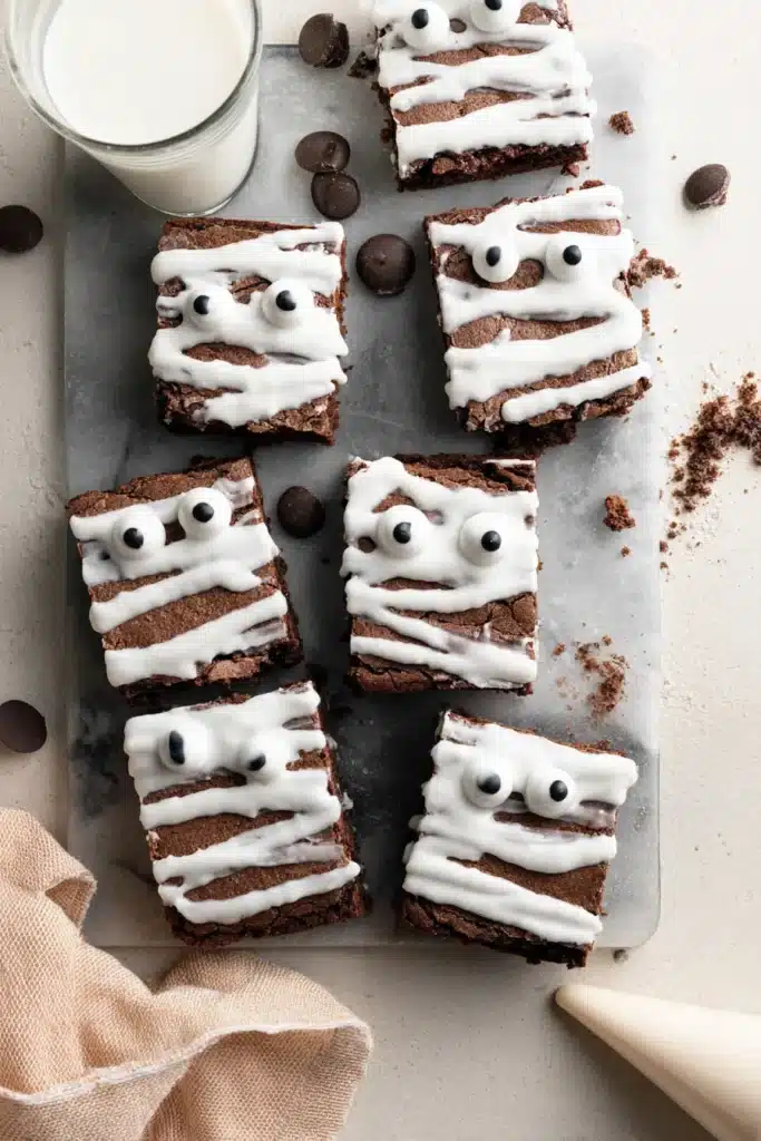 Mummy brownies on parchment with icing and candy eyes, Halloween treat