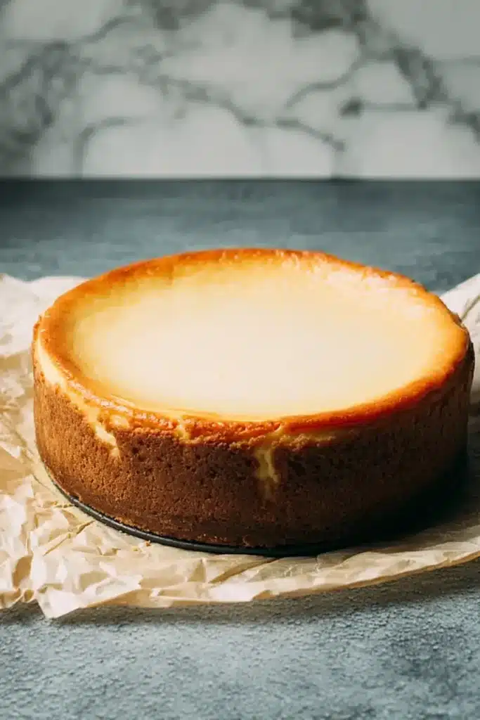 New York Style Cheesecake – Creamy, Rich & Delicious 10 Baked New York style cheesecake cooling on parchment before chilling