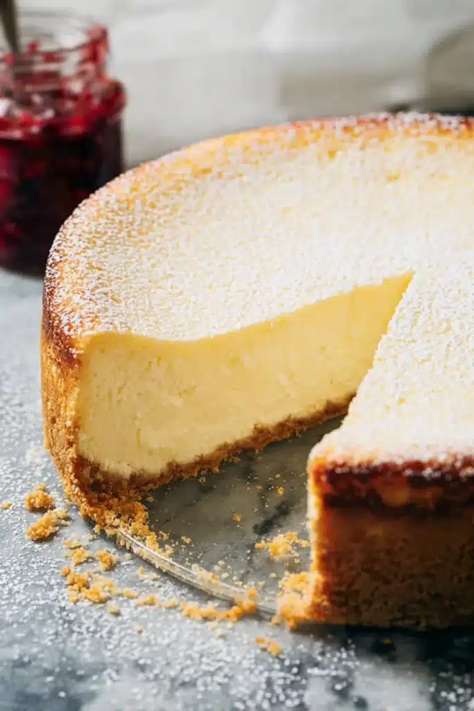 New York Style Cheesecake – Creamy, Rich & Delicious 11 New York style cheesecake slice removed to show creamy filling and crust