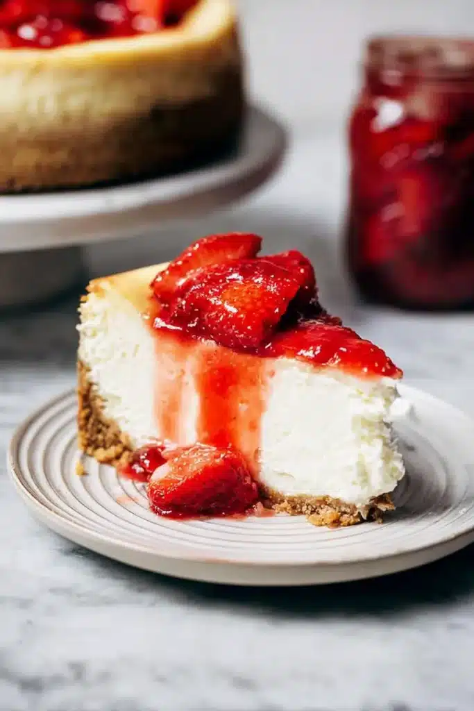 New York Style Cheesecake – Creamy, Rich & Delicious 13 Slice of New York style cheesecake with strawberry topping on plate