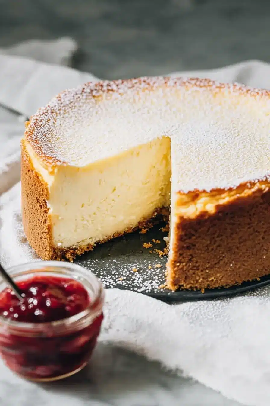 Classic New York style cheesecake with graham cracker crust and strawberry topping