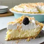 Slice of no bake pineapple cream cheese pie with whipped cream and toasted coconut