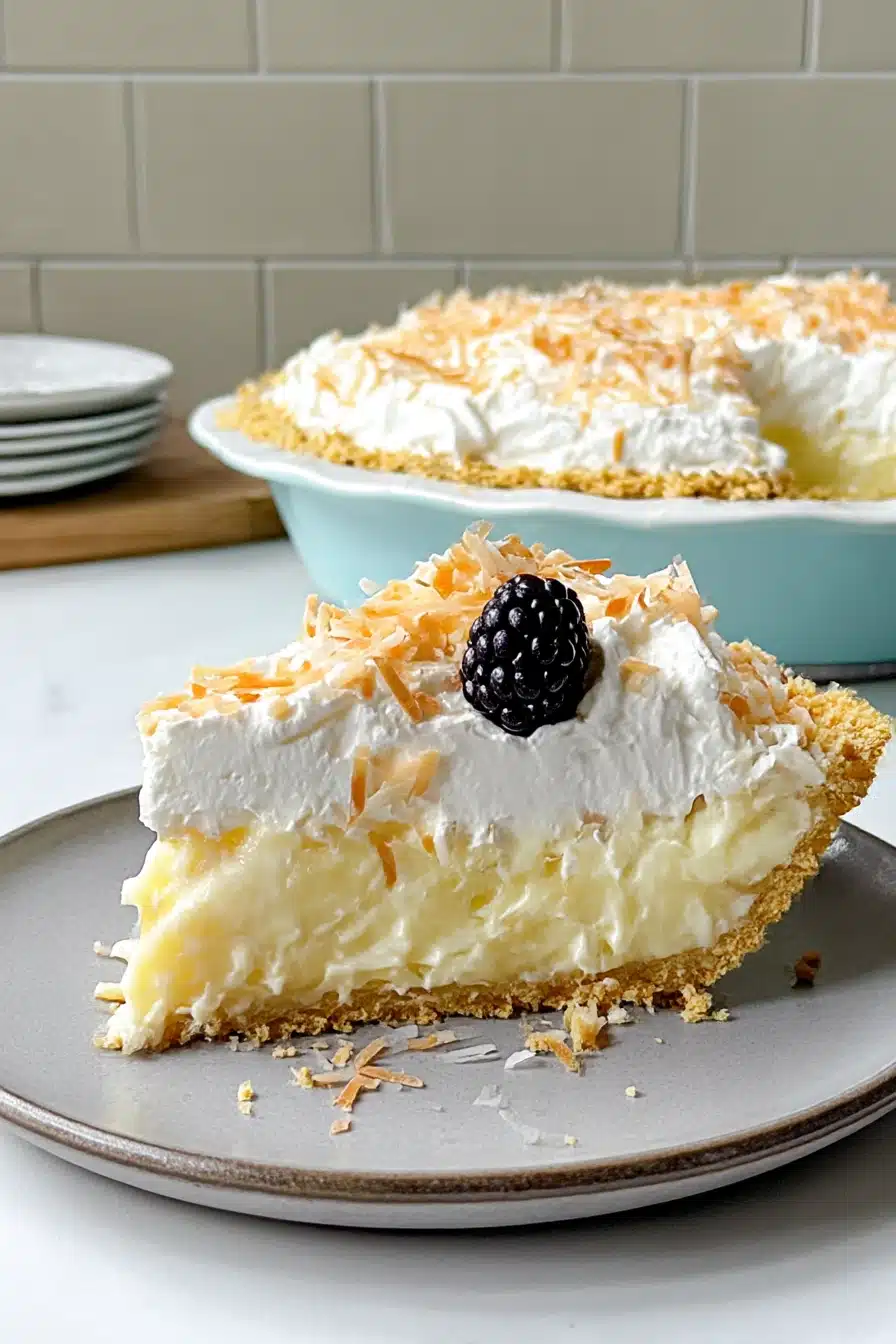 Slice of no bake pineapple cream cheese pie with whipped cream and toasted coconut