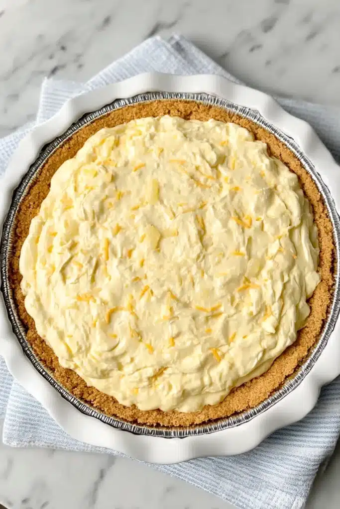 No Bake Pineapple Cream Cheese Pie filling in graham cracker crust before chilling