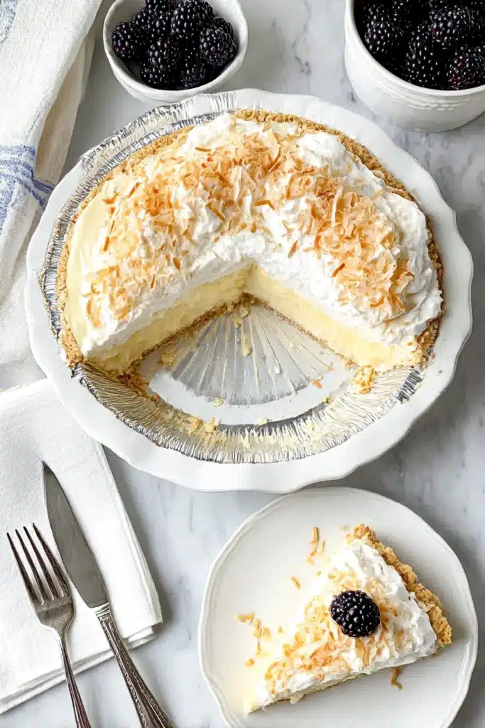 No bake pineapple cream cheese pie in foil pan with slice plated and topped with blackberry