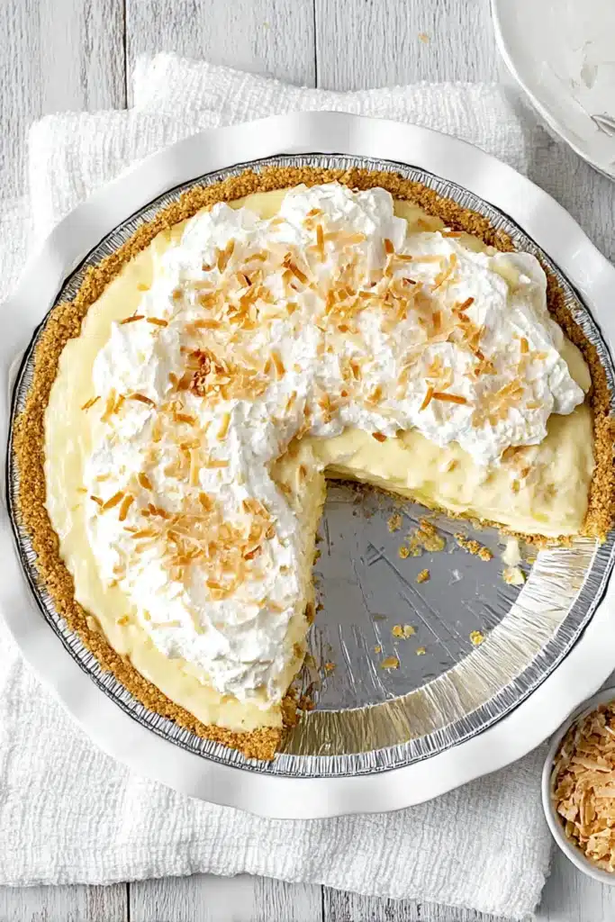 No Bake Pineapple Cream Cheese Pie topped with whipped cream and toasted coconut