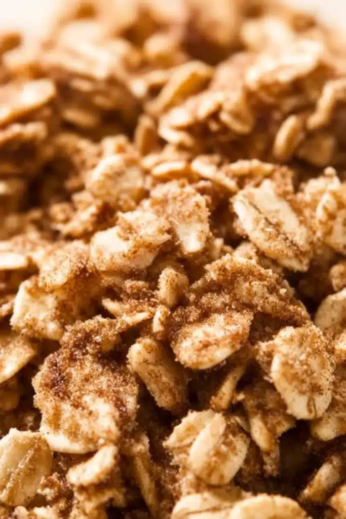 Close-up of cinnamon oat crumble topping for apple bars