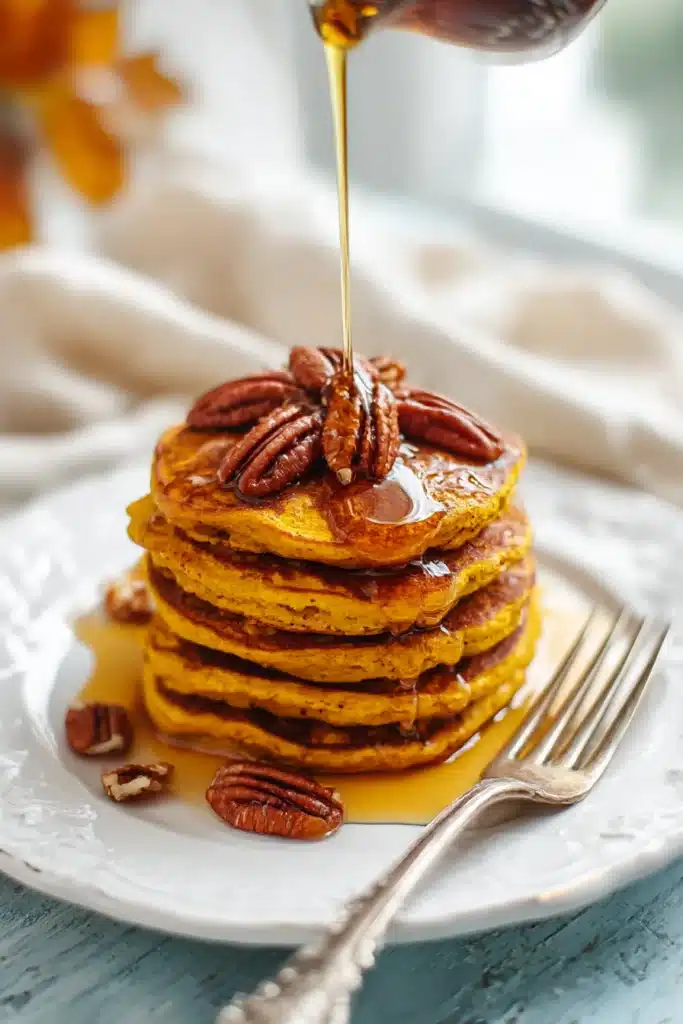 Oatmeal Pumpkin Pancakes – Quick & Cozy Breakfast Treat 7 Oatmeal pumpkin pancakes stacked on white plate with pecans and maple syrup drizzle