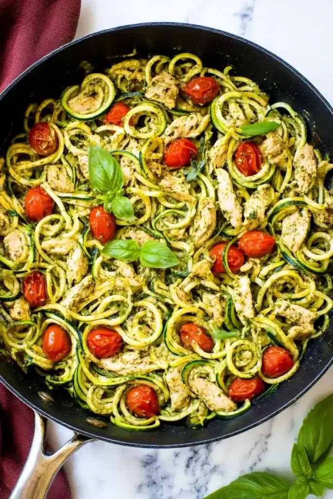 Skillet of pesto zucchini noodles with chicken and cherry tomatoes garnished with basil