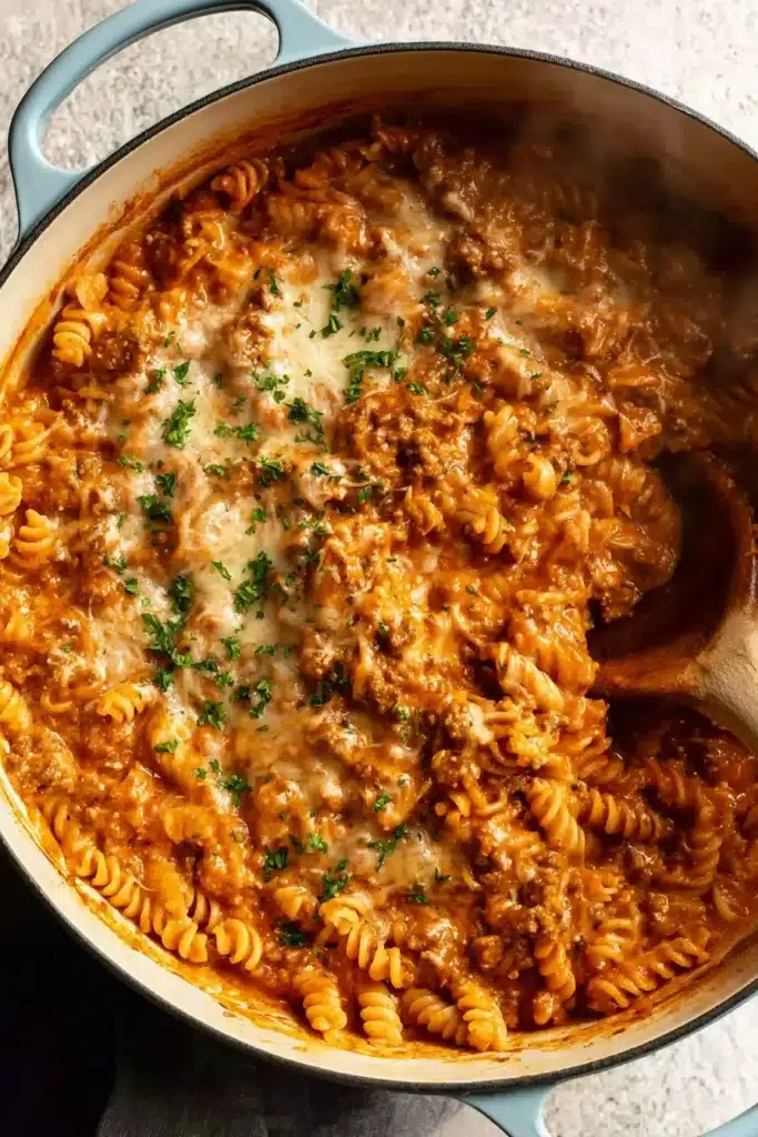 Creamy Tomato Beef Pasta | Quick & Easy Comfort Meal 8 Creamy tomato beef pasta in a blue pot with cheese and parsley