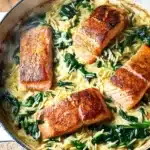 One Skillet Salmon with Lemon Orzo in a rustic pan with spinach