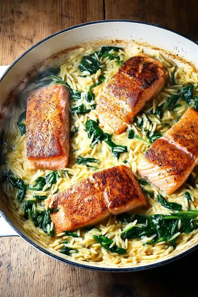 One Skillet Salmon with Lemon Orzo in a rustic pan with spinach