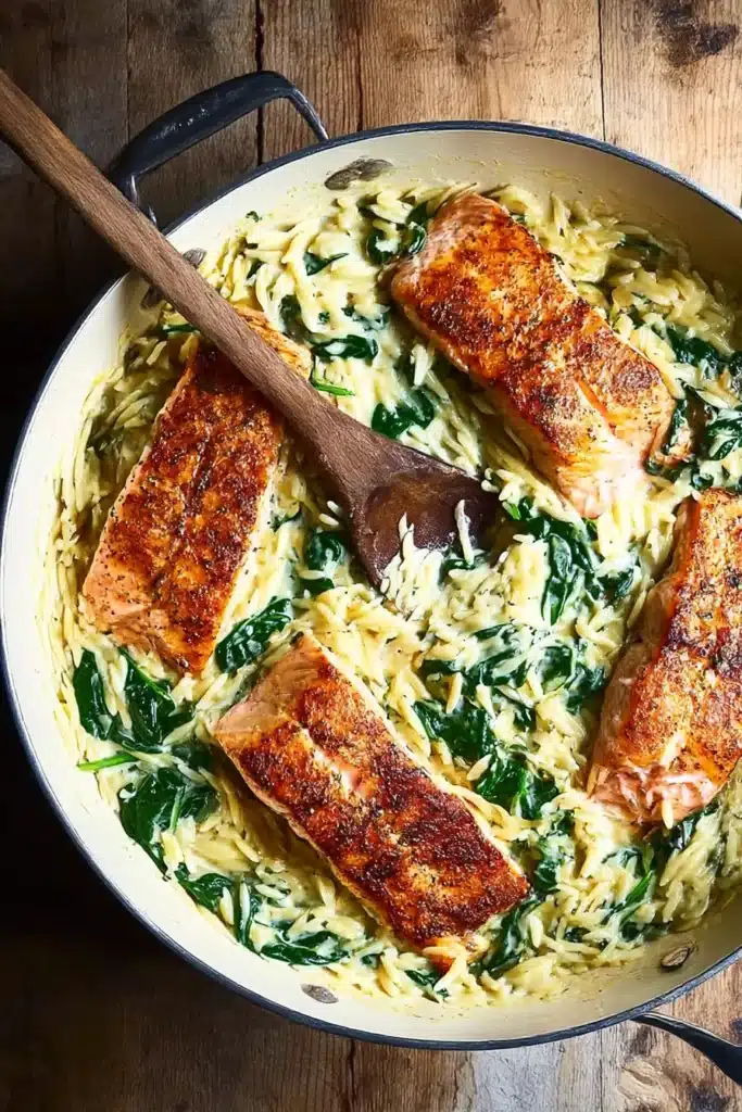 One Skillet Salmon with Lemon Orzo in a pan with spinach and wooden spoon