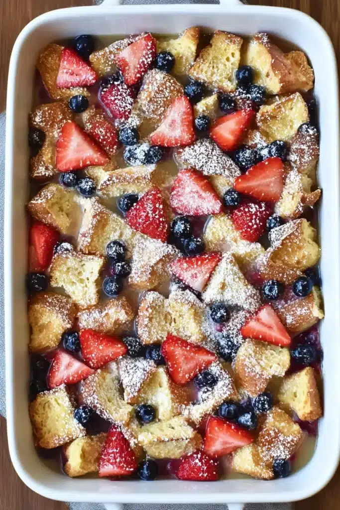 Berry French Toast Casserole | Easy & Delicious Brunch 9 Overhead view of golden baked Berry French Toast Casserole with fresh strawberries, blueberries, and powdered sugar in white dish