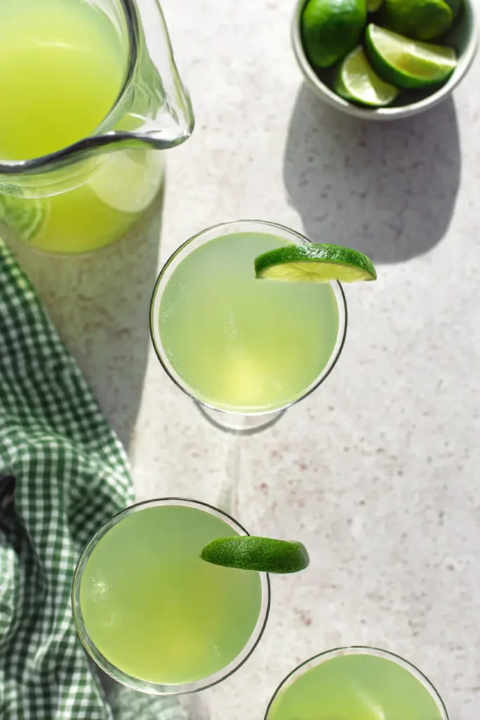 Simple Green Apple Soda with Homemade Juice served in martini glasses with lime wedges