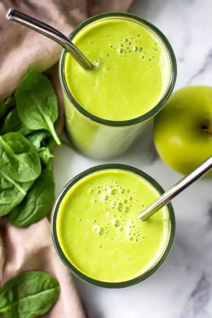 Top view of spinach green apple smoothies in tall clear glasses with metal straws, fresh apple and spinach leaves on table