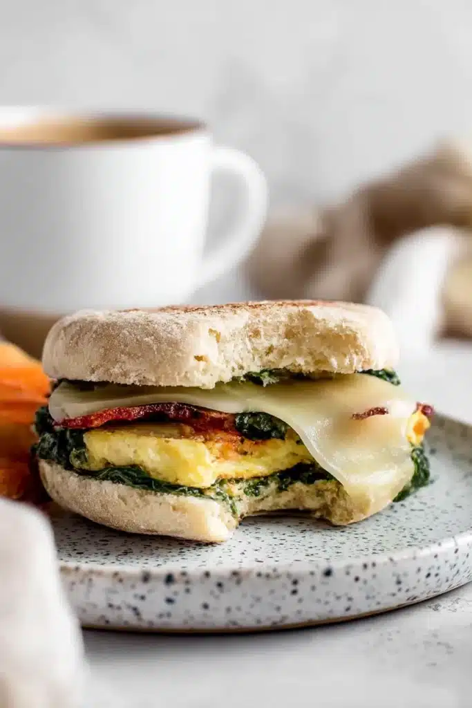 Meal Prep Breakfast Sandwich with a bite taken, showing layers of egg, spinach, bacon, and cheese