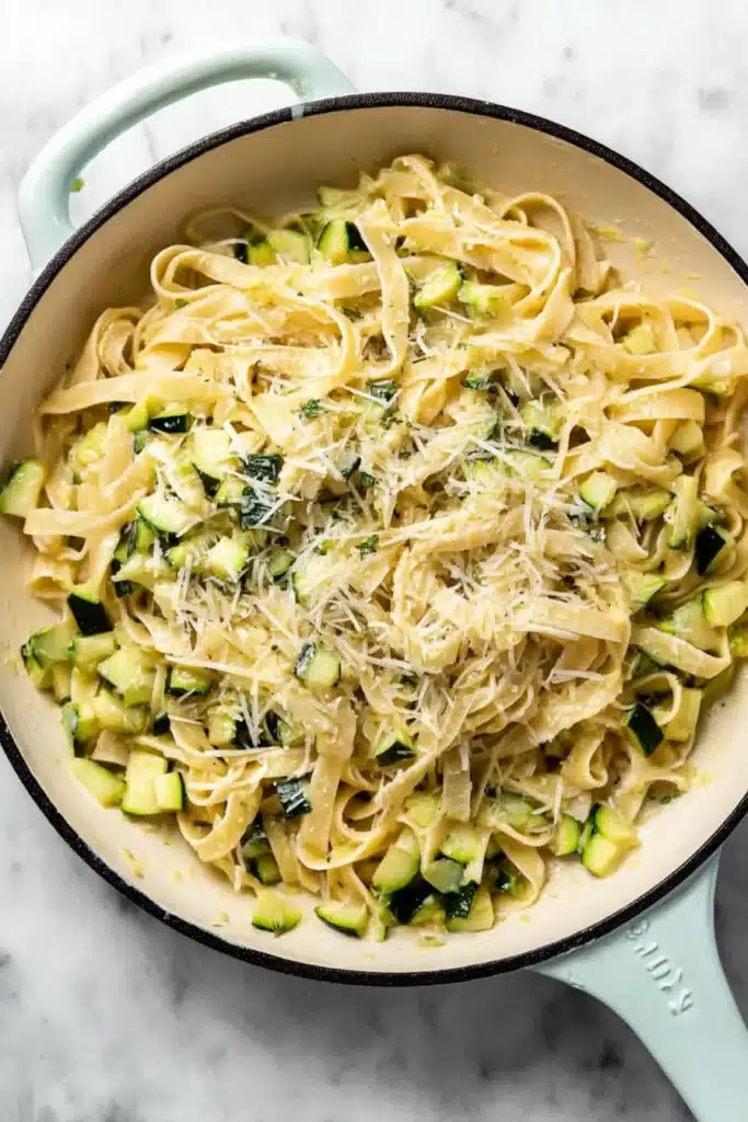 Cooked pasta with zucchini lemon garlic sauce in a green skillet on marble table