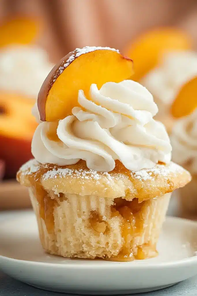 Peach Cobbler Cupcakes – A Stunning Summer Dessert 9 Peach cobbler cupcakes with whipped frosting, peach slices, and powdered sugar