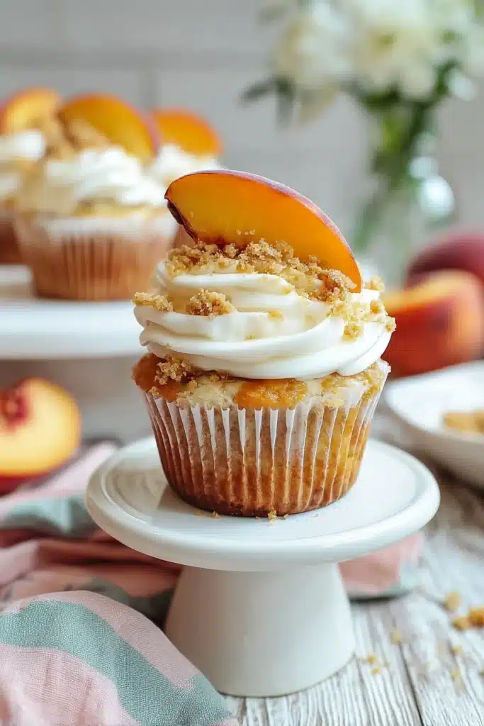 Peach cobbler cupcakes with cream cheese frosting and fresh peach slices