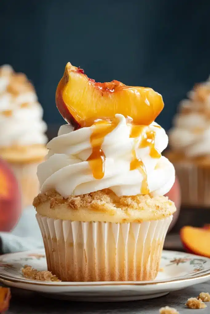 Peach Cobbler Cupcakes – A Stunning Summer Dessert 7 Peach cobbler cupcakes with peach drizzle, cream cheese frosting, and crumble