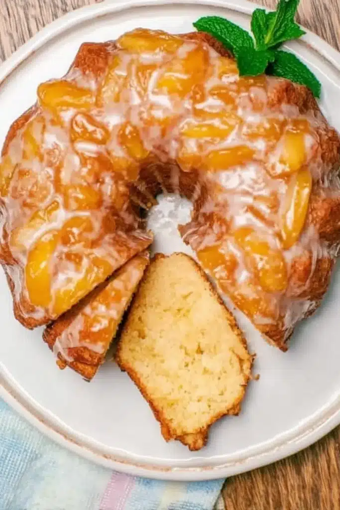 Overhead view of peach cobbler pound cake with peach topping and glaze