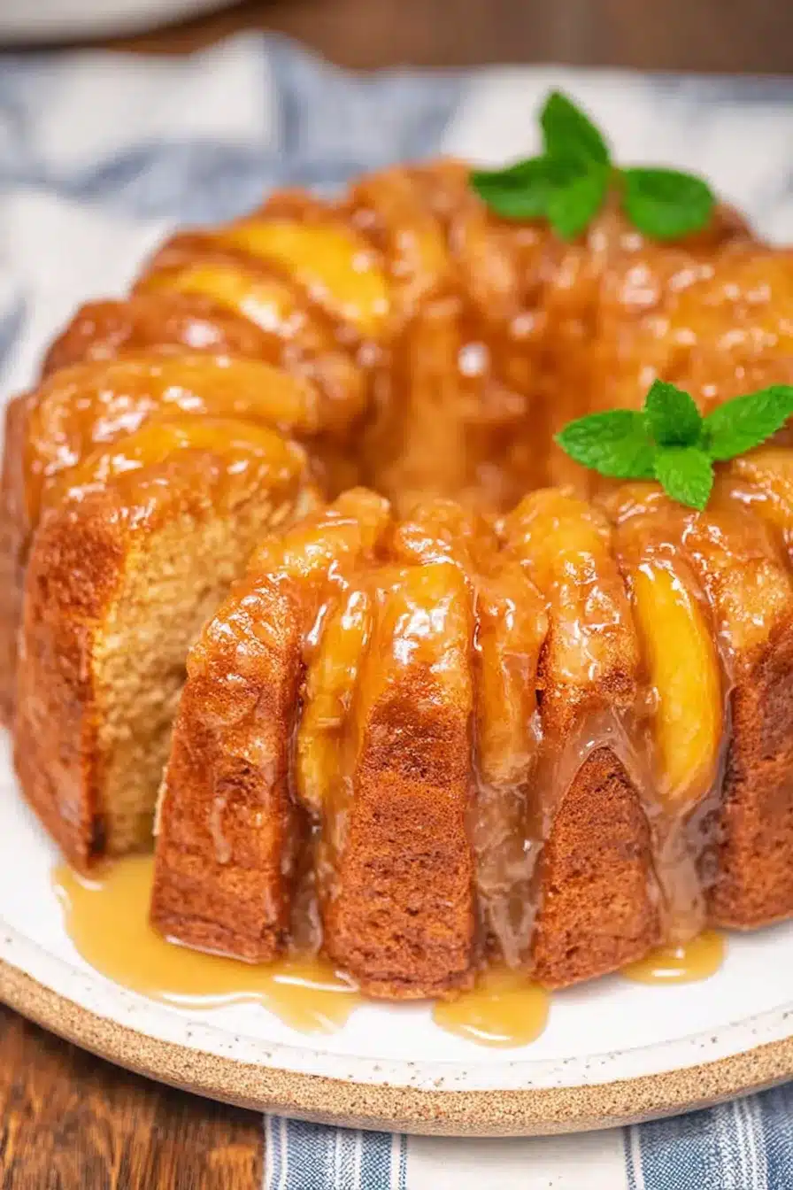 Peach cobbler pound cake with caramelized peaches and glaze on a ceramic plate