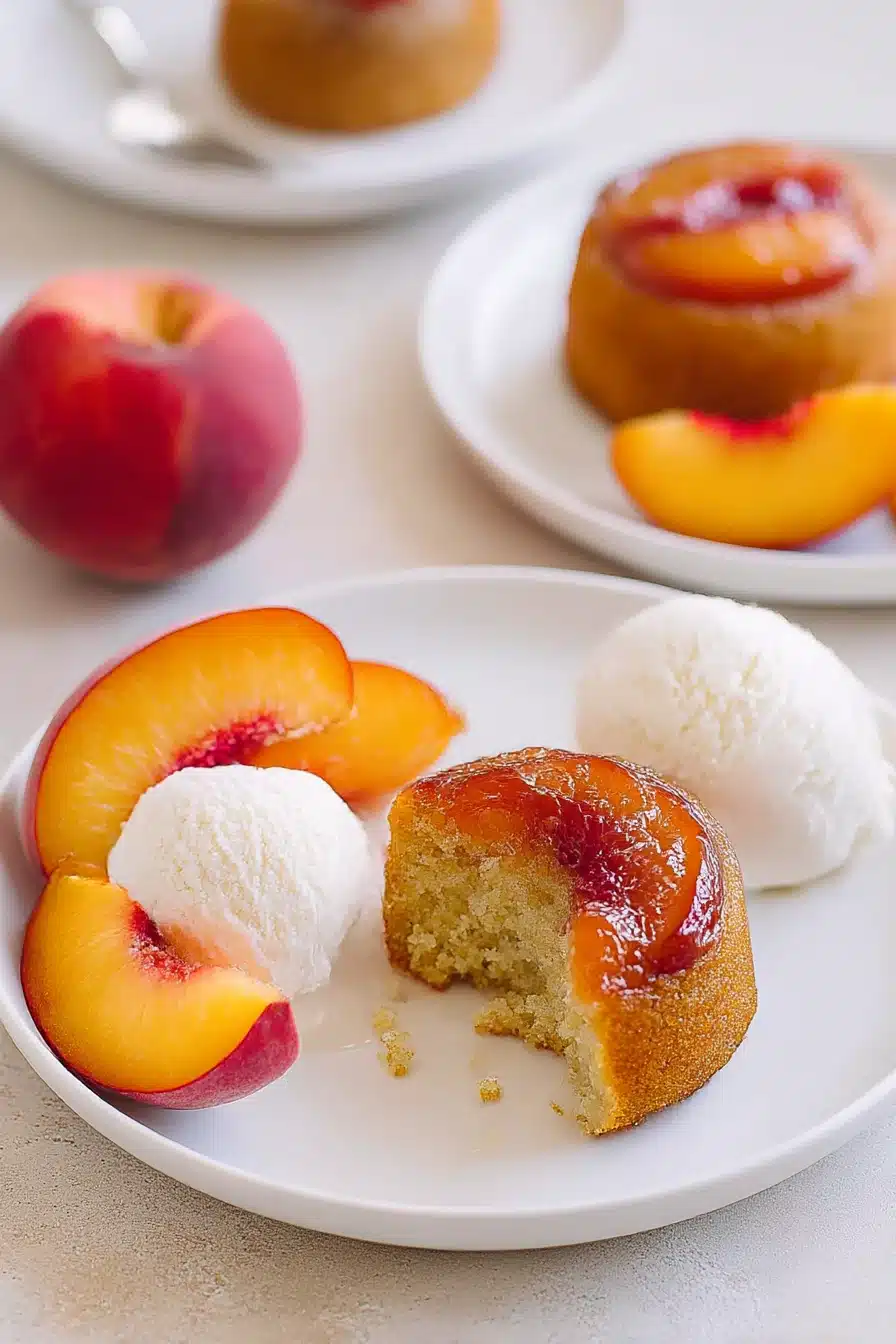 Peach upside down mini cakes with caramelized peach topping, fresh slices, and vanilla ice cream