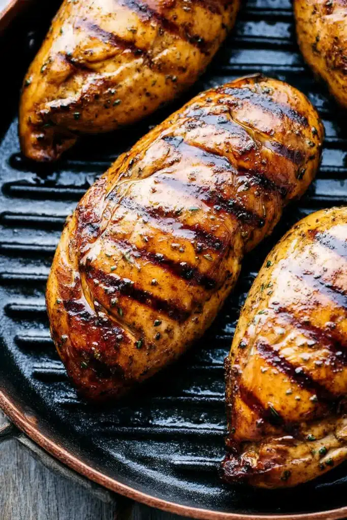 Grilled California Avocado Chicken | Easy & Juicy Dinner 7 Close-up of juicy grilled chicken breasts with sear marks in a grill skillet