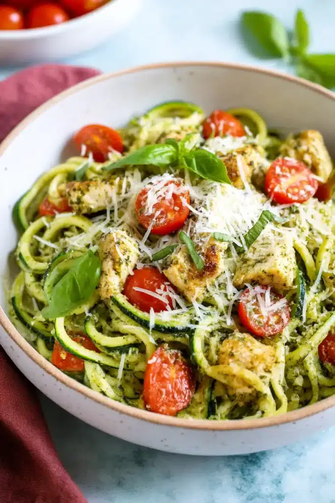 Pesto Zucchini Noodles with Chicken topped with cherry tomatoes, parmesan, and fresh basil