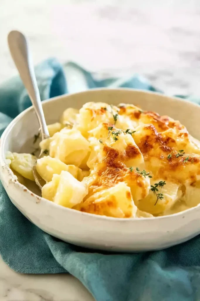 Easy Creamy Cheesy Potato Bake | Ultimate Comfort Food 13 Easy creamy cheesy potato bake served in white bowl with golden top