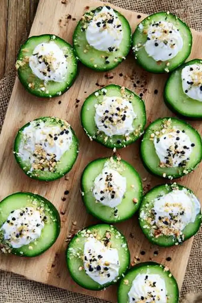 Everything Bagel Cucumber Bites arranged on a rustic board with cream cheese and seasoning