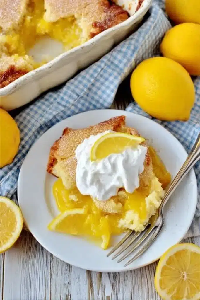 Magic lemon cobbler served with whipped cream and lemon slices