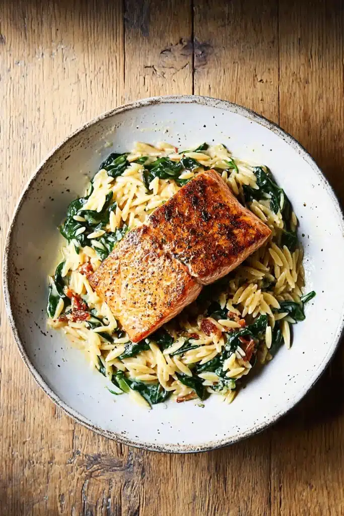 One Skillet Salmon with Lemon Orzo served on a plate with spinach