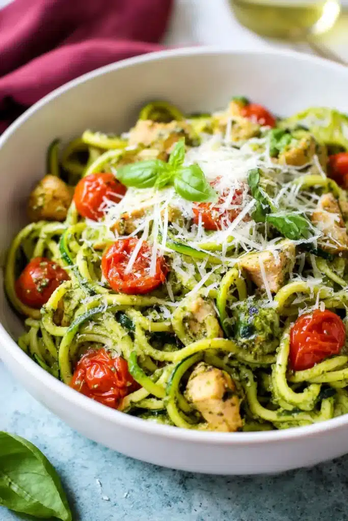 Pesto Zucchini Noodles with Chicken | Fresh & Delicious 9 Pesto zucchini noodles with chicken, cherry tomatoes, and parmesan served in a rustic bowl on a stone surface