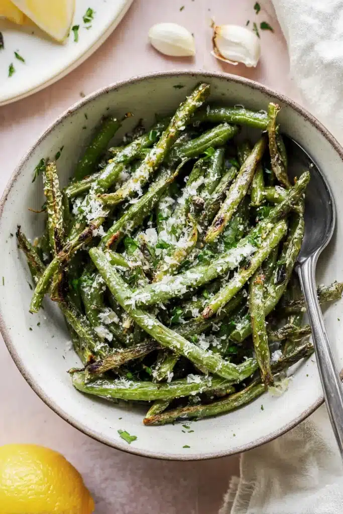 Roasted Green Beans With Garlic and Parmesan | Easy Recipe 19 Roasted Green Beans With Garlic and Parmesan served in a bowl