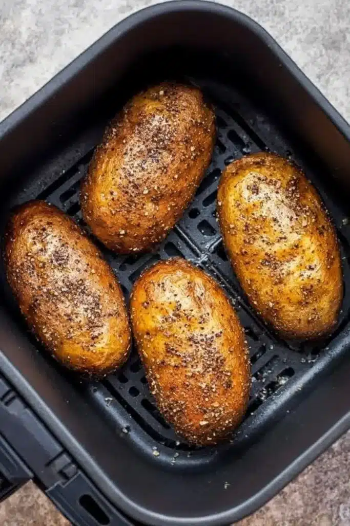 Air Fryer Baked Potatoes – Quick & Crispy Favorite 17 Seasoned russet potatoes cooking in air fryer basket