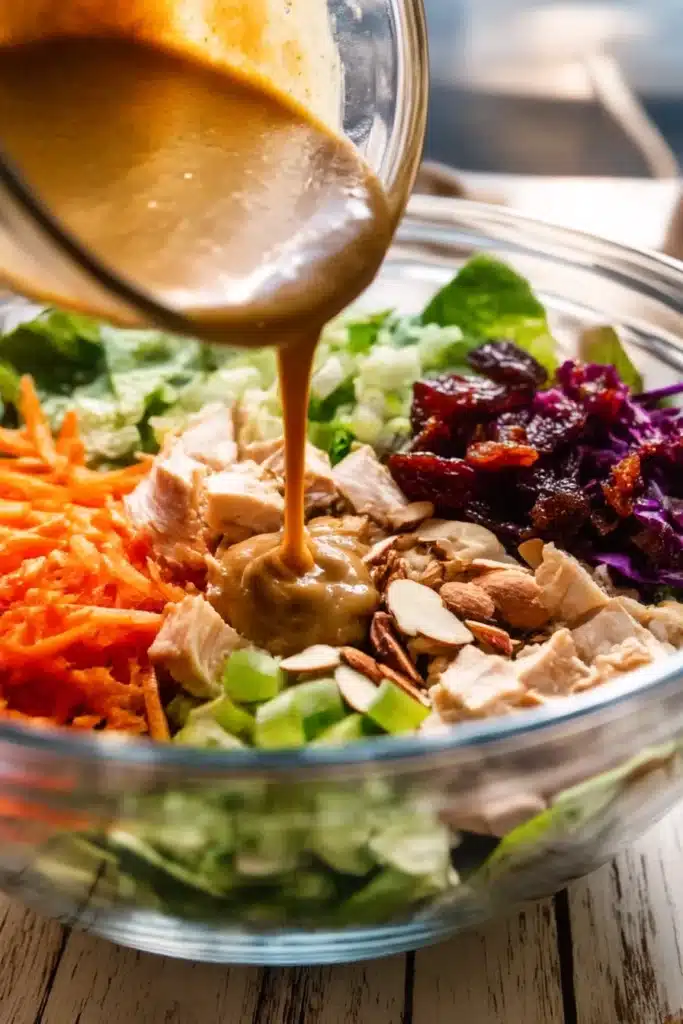 Pouring creamy sesame dressing over Whole30 Chinese Chicken Salad ingredients in glass bowl